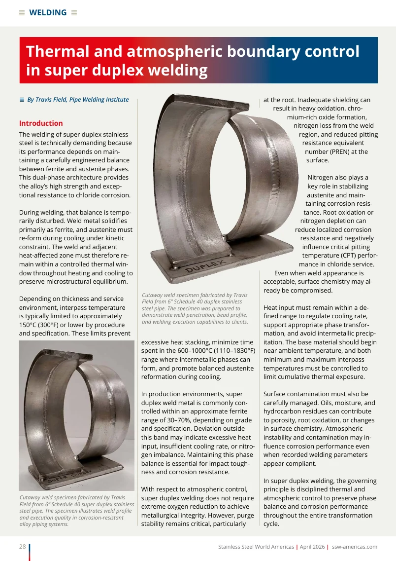 Opening page of Travis Field’s article in Stainless Steel World Americas, April 2026