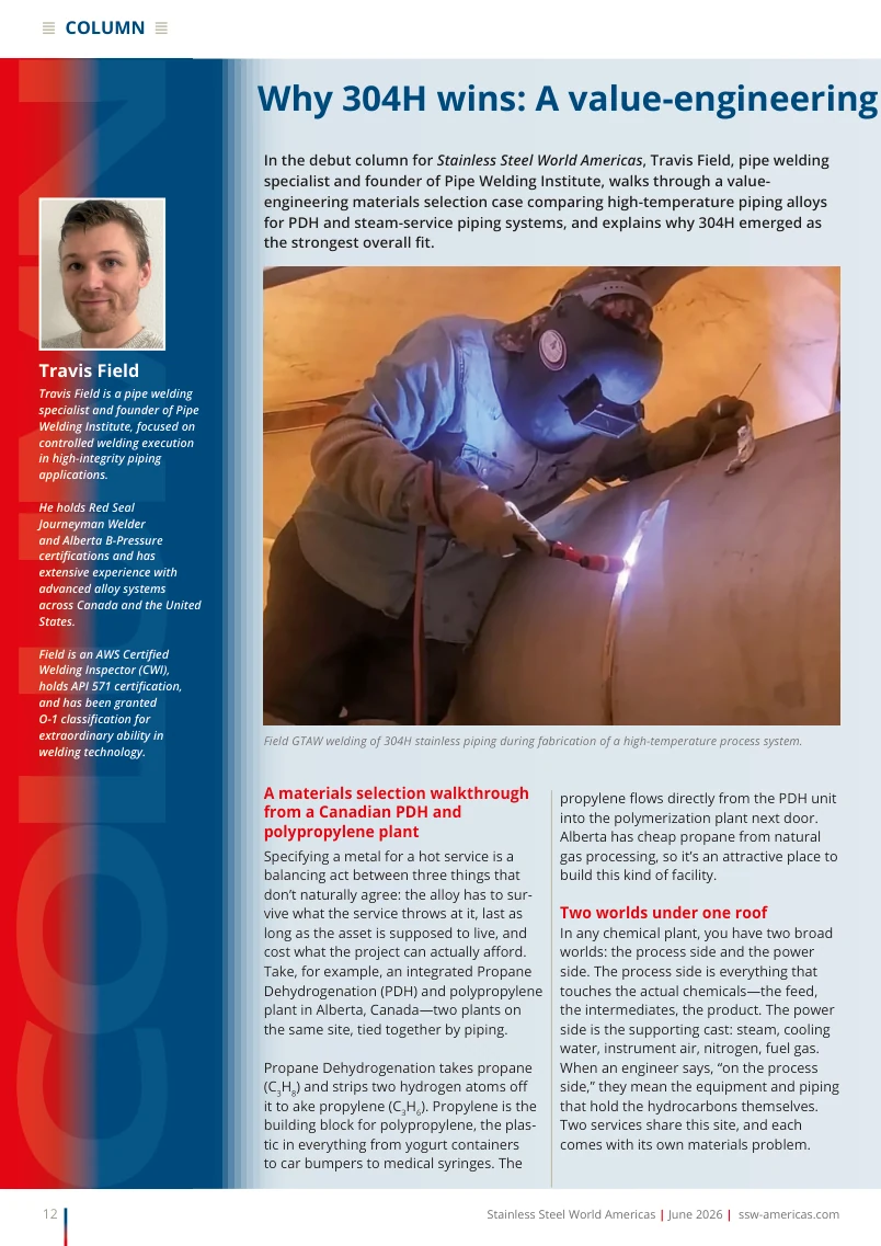 Opening page of Travis Field’s article in Stainless Steel World Americas, June 2026