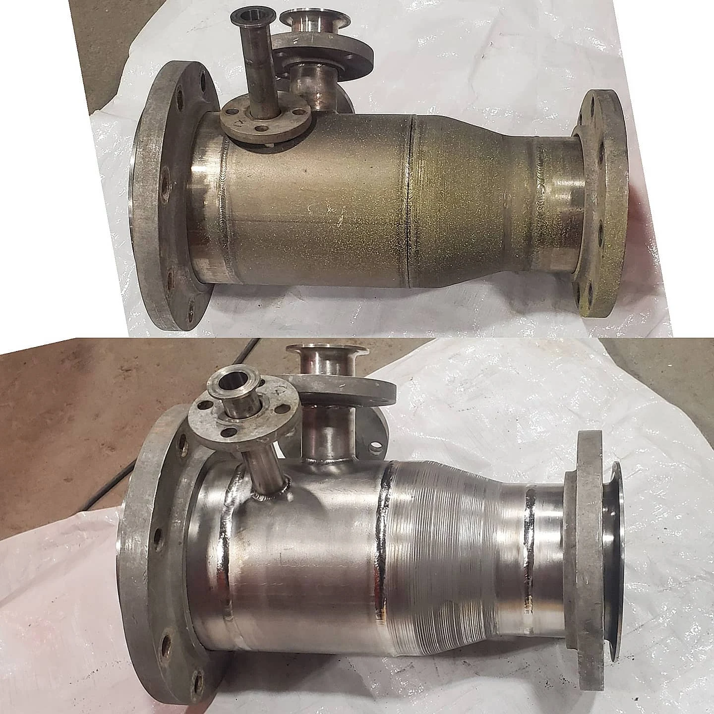 Titanium spool before and after reconstruction and surface preparation